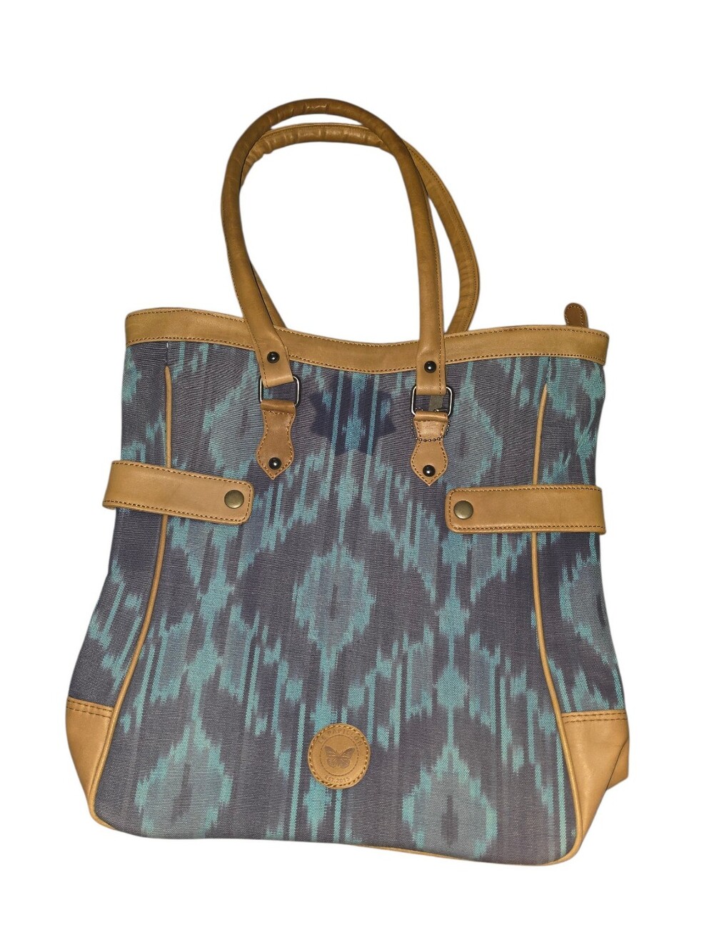 9/1/1. Le Papillon Teal Ikat Canvas Tote with Tan Leather Trim
